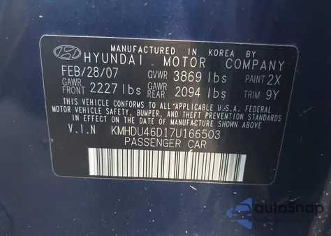 2007 Hyundai Elantra Gls/Limited/Se z USA, uszkodzony, nr VIN KMHDU46D17U166503